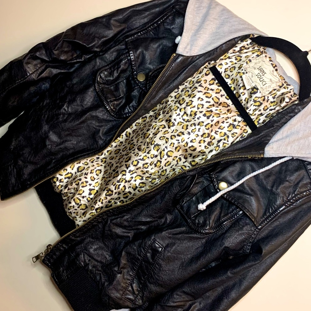 Black and Grey Faux Leather Hooded Coat